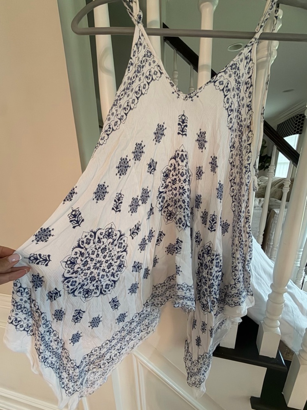Hem & Thread White Tank with Navy Blue Medallion Print